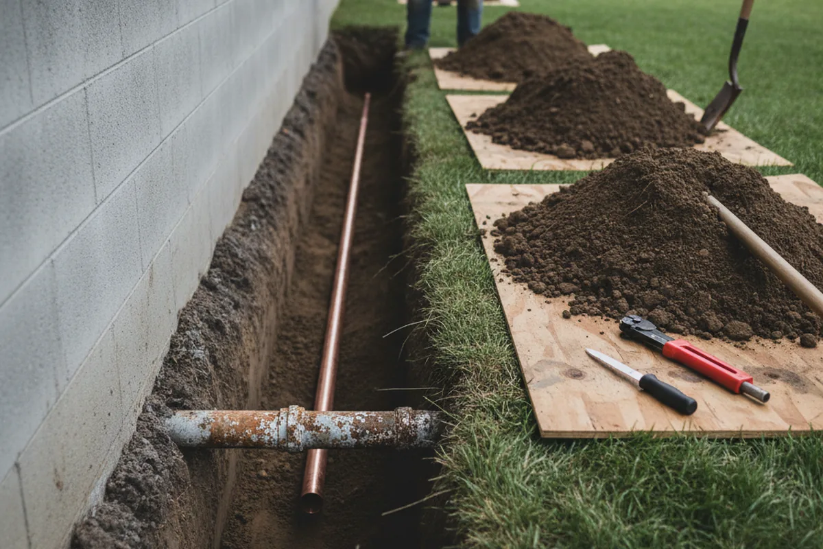 Excavated water line trench during Sewer Line Repair in Burbank